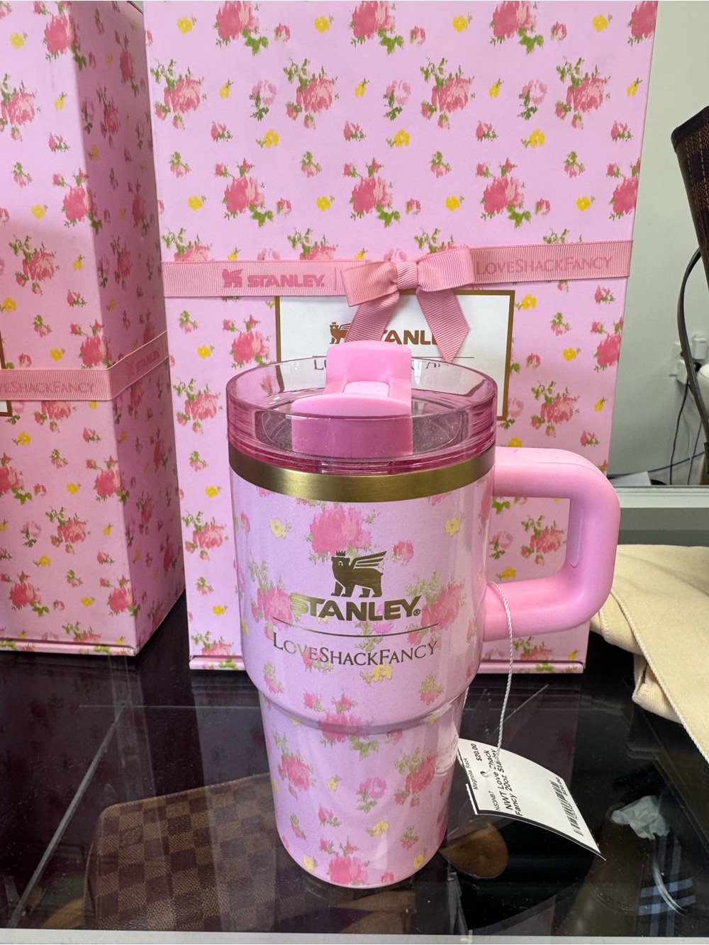 Stanley Pink Floral LoveShackFancy Travel Tumbler with Gold Accent